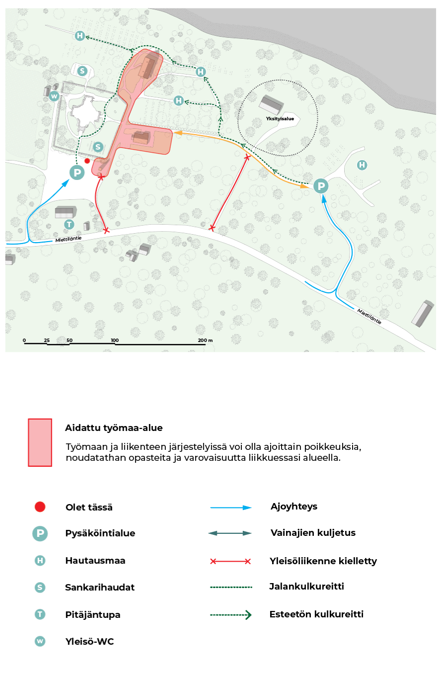 Kartta Rautjärven kirkonmäestä. Kuvassa näkyvissä selkeän visuaalisesti: Aidattu työmaa-alue, pysäkointialu...