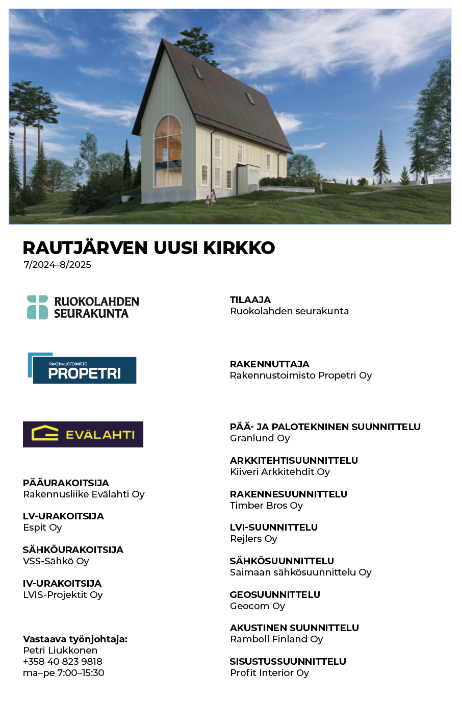 Kuvitteellinen kuva uudesta kirkosta, taustalla pilvinen taivas ja ympärillä puita sekä hautausmaa. Seuraku...