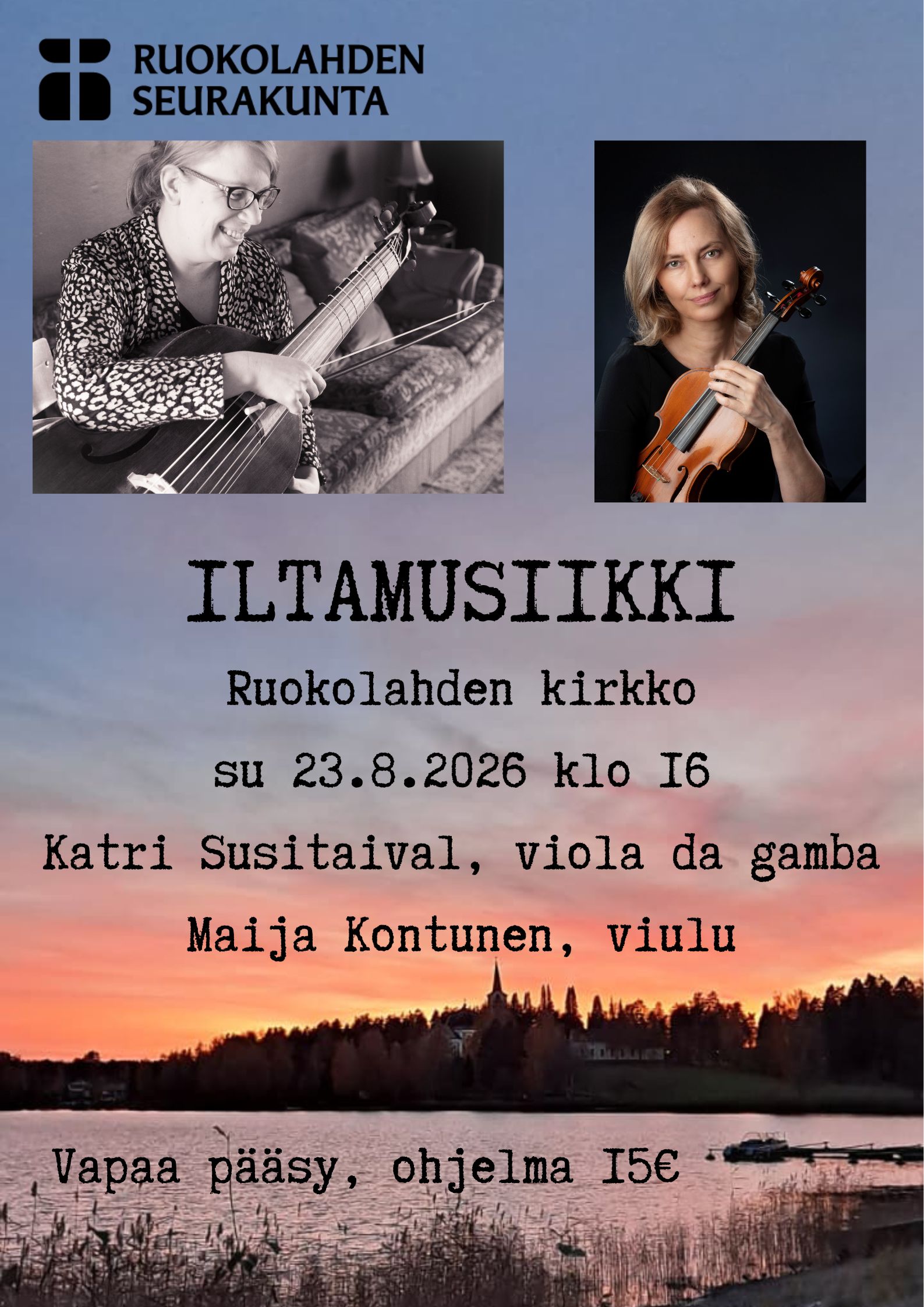 Kuvassa auringonlaskumaisema. Maiseman päällä kuvat konsertoijista ja mainosteksti mustalla.
