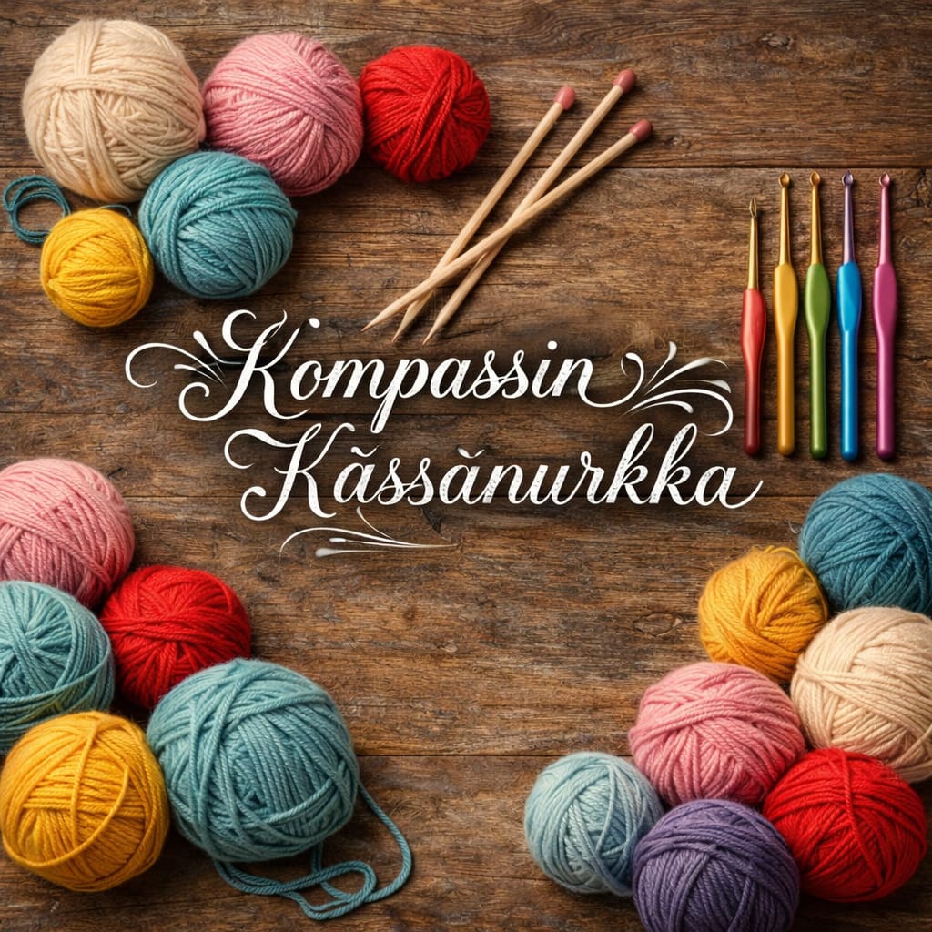 Kuvassa rustiikkinen ruskea pöytäpinta, jonka päällä kuvan laidoilla paljon erivärisiä ja erikokoisia lankakeriä, kolme sukkapuikkoa ja viisi eriväristä virkkuukoukkua. Kuvan keskellä teksti Kompassin kässänurkka.