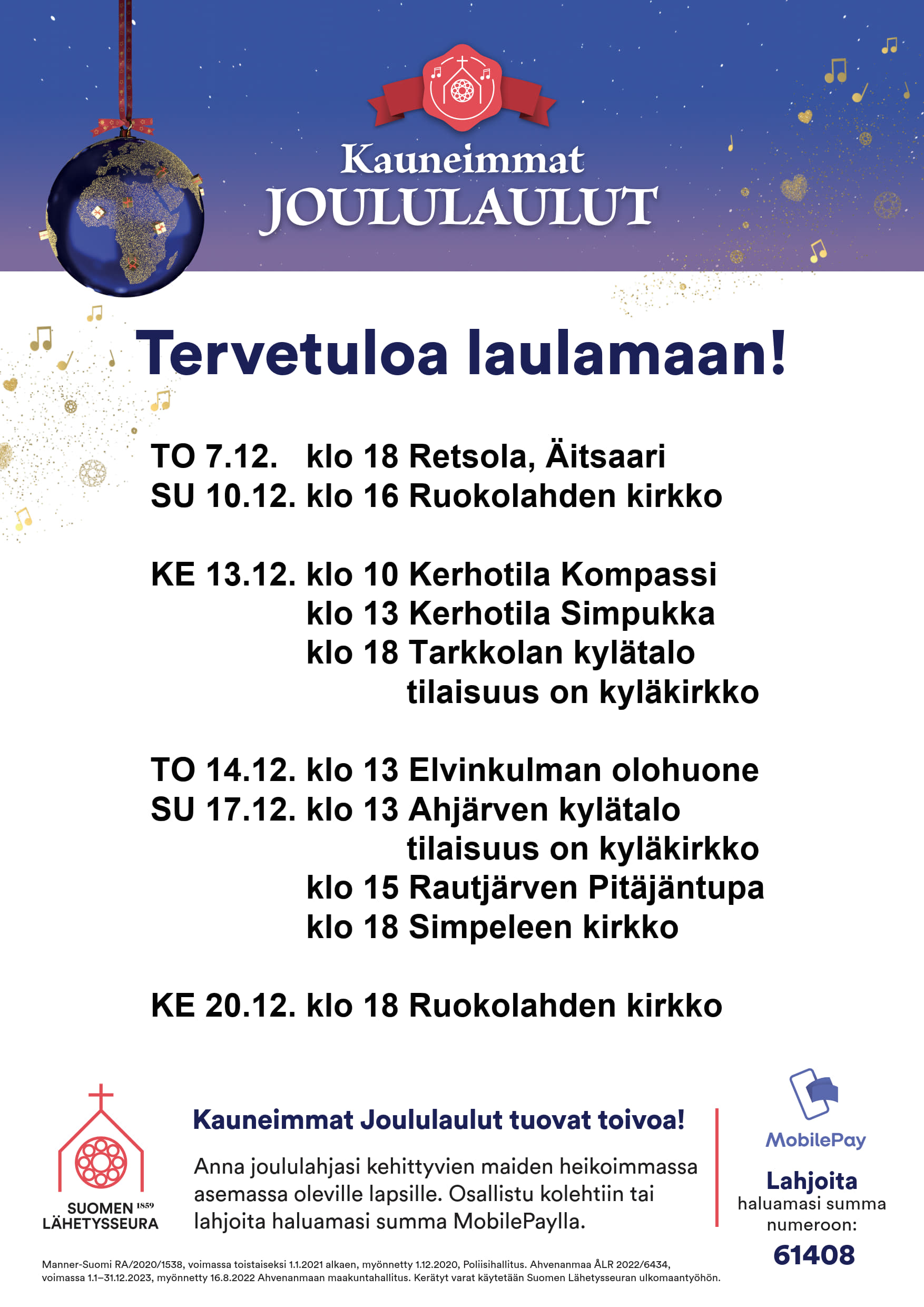 Juliste, jossa on tiedot Seurakunnan Kauneimmat Joululaulut tilaisuuksista.