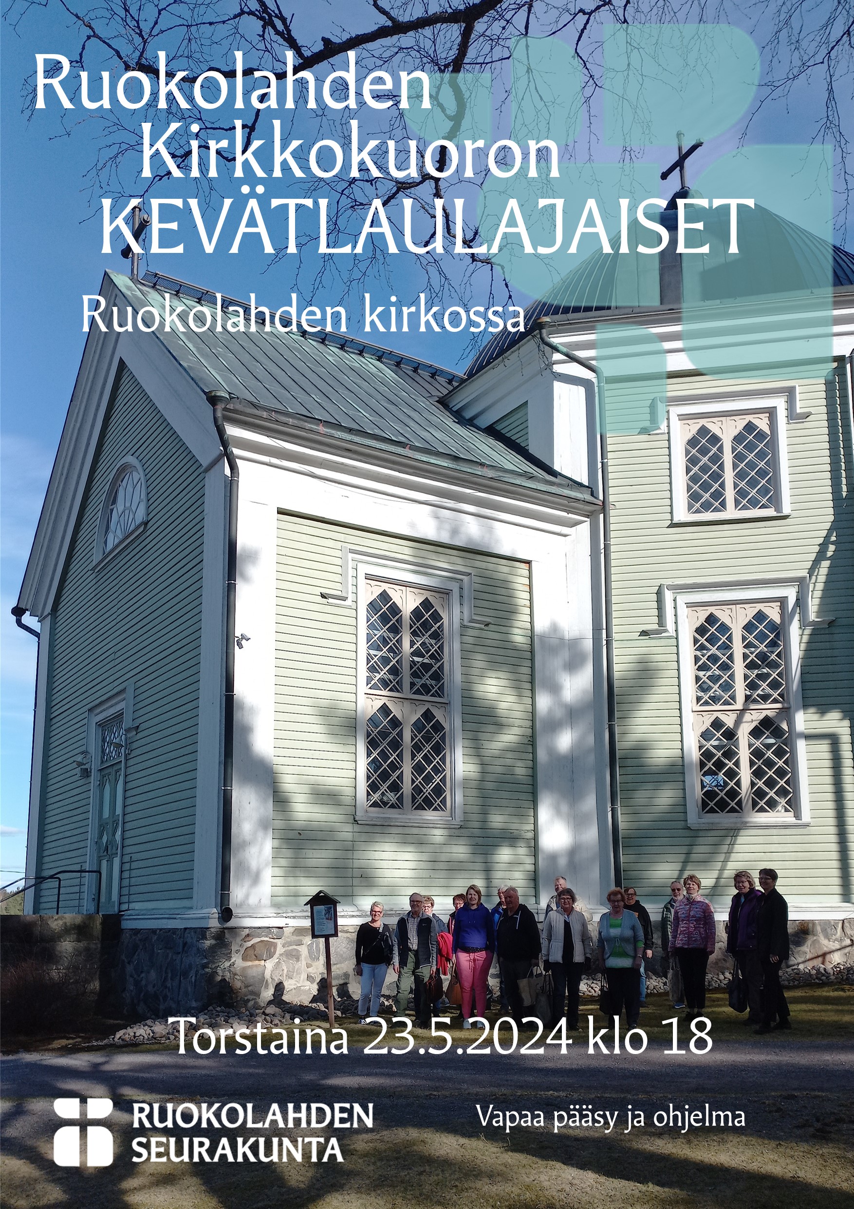 Kuvassa taustalla Ruokolahden kirkko, jonka juurella ihmisiä. Valkoisella tekstillä mainoksen tekstit.