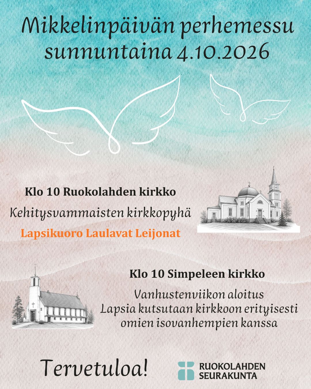 Piirroskuvat enkelin siivistä, Ruokolahden ja Simpeleen kirkoista. Sama teksti kuin tapahtuman kuvauksessa. Seurakunnan logo, risti laattojen keskellä.