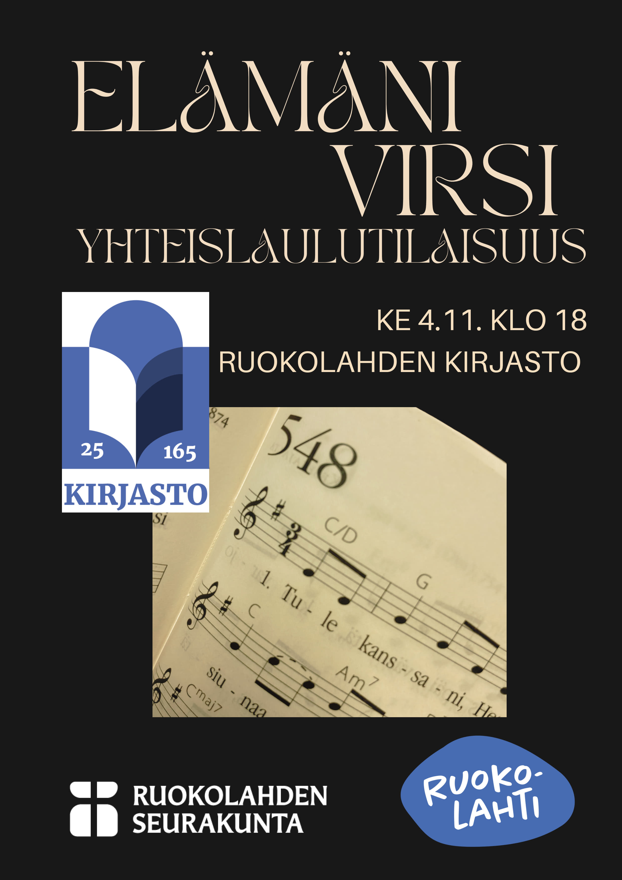 Kuvassa mustalla taustalla mainosteksti logoja. kuva virsikirjasta.